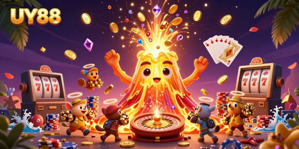Experience the excitement of UY88's volcanic treasure eruption with coins and gems in this casino-themed illustration.