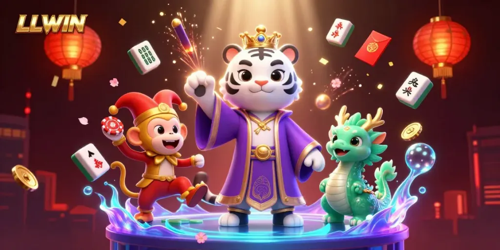 Engaging 3D illustration depicting LLWIN, featuring a royal tiger, jester monkey, and dynamic casino elements.
