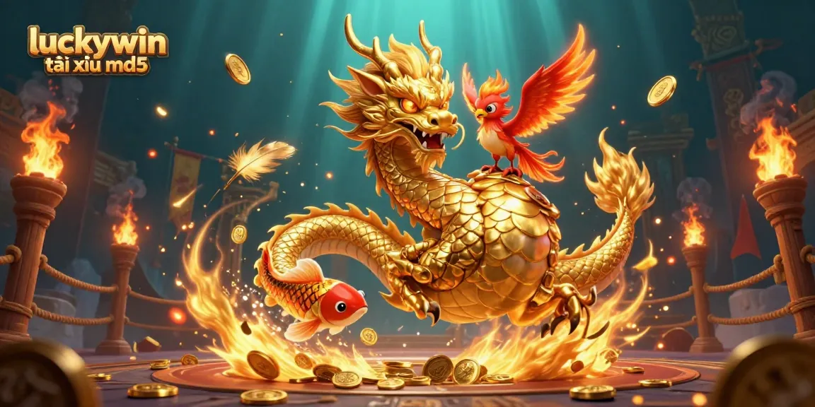 Experience luckywin tài xỉu md5 with a vibrant 3D digital illustration of a dragon and phoenix.