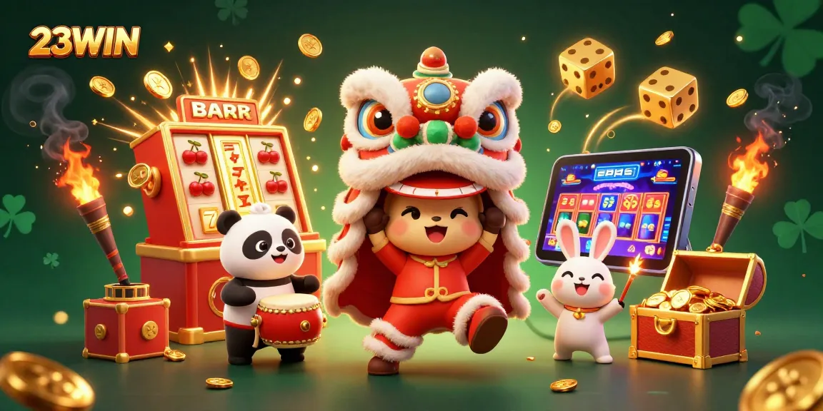 Experience thrilling wins with the vibrant 23WIN casino illustration featuring lively characters and exciting game elements.