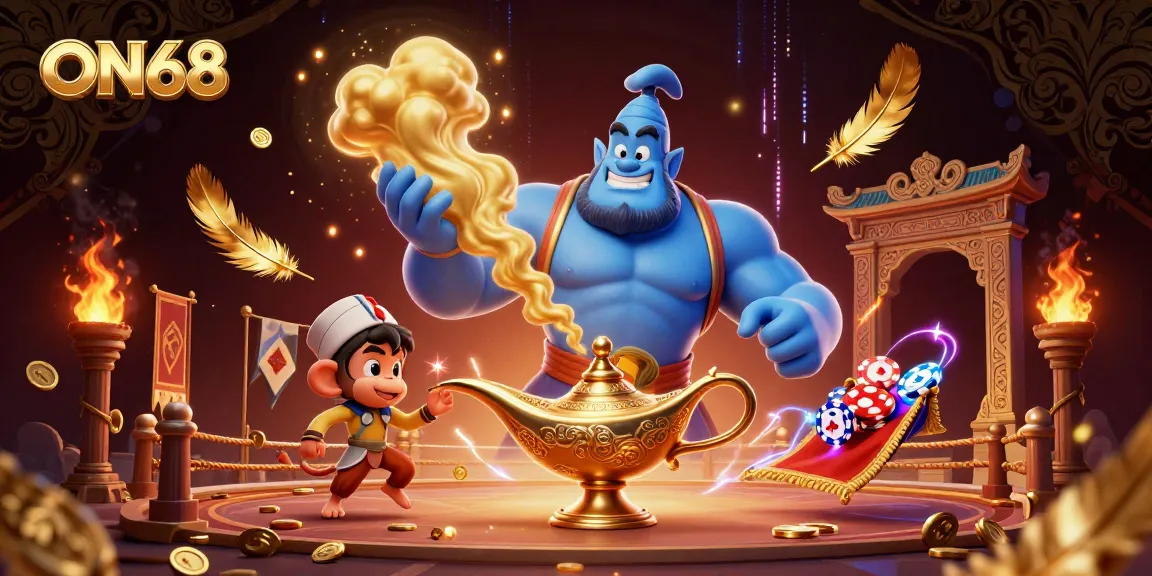 Experience thrilling gaming action with ON68's vibrant illustrations of a genie, monkey, and poker elements.