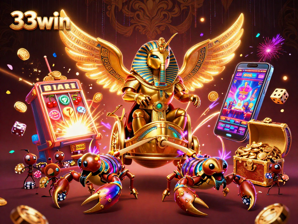 Experience the excitement of winning at 33win with a vibrant casino-themed 3D illustration.