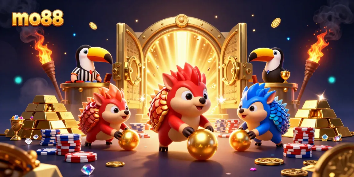 Experience thrilling action at mo88 with rival pangolins rolling chips and treasure in a vibrant casino scene.