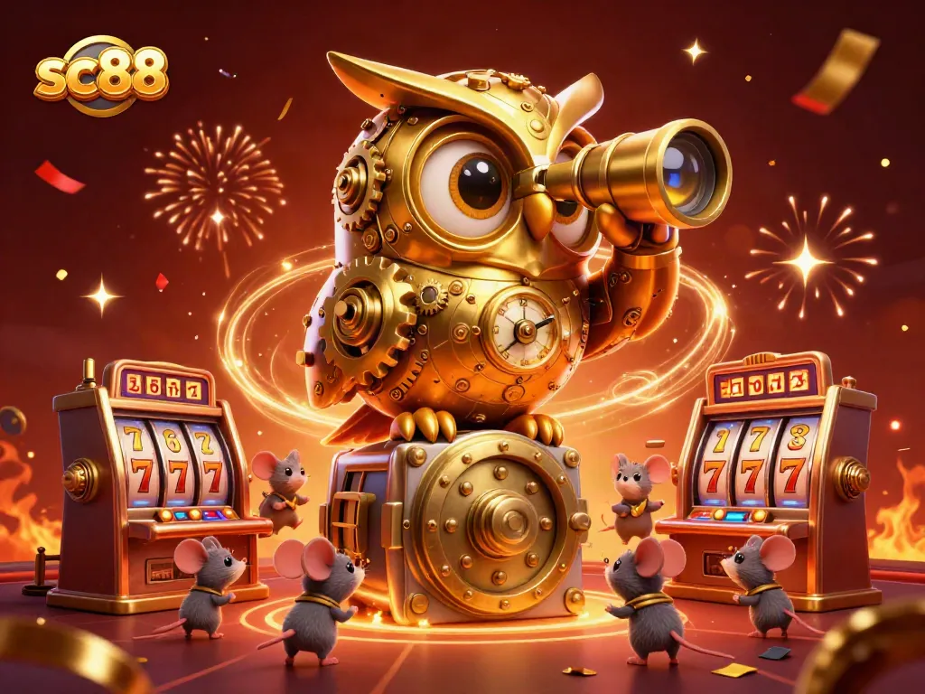 Engage with sc88 slot machines under a dazzling casino scene featuring animated characters and fireworks.