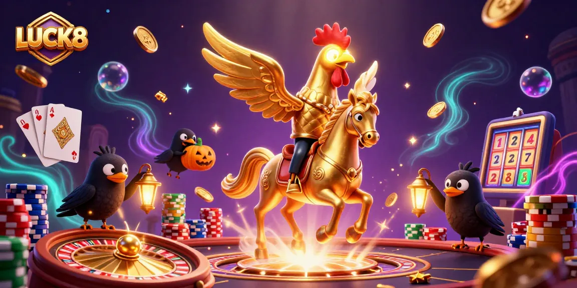 LUCK8 offers thrilling games with golden rooster in a vibrant casino scene filled with treasures.