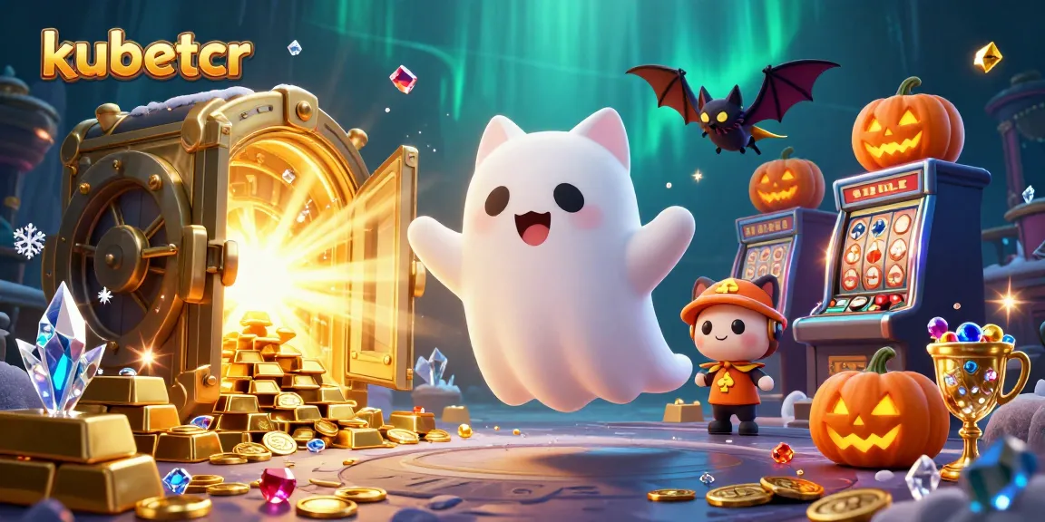 Engage with kubetcr in an enchanting casino scene featuring a ghost cat and treasures.