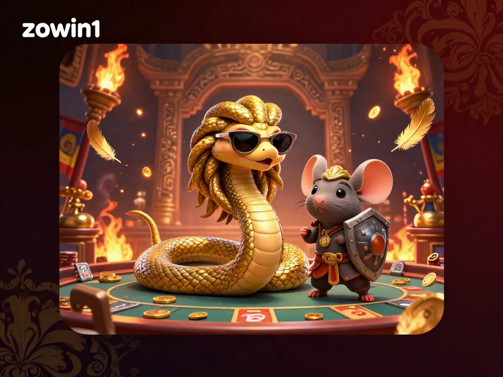 Zowin1's engaging gambling scene with Medusa and warrior mouse illustrates dynamic betting excitement.