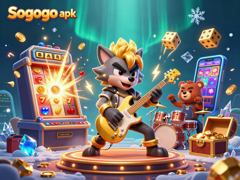 Win big with Sogogo apk as the rock star wolf performs on a vibrant casino stage.