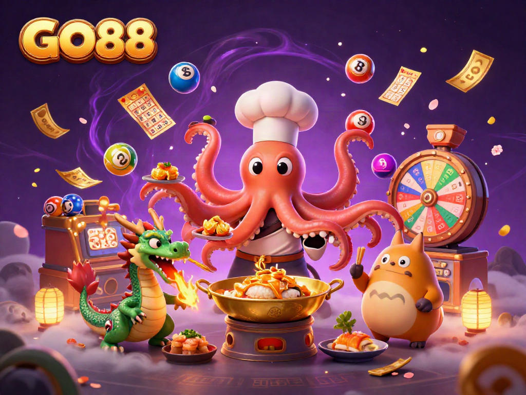 Experience GO88 with dynamic lottery balls and festive characters in a vibrant gambling illustration