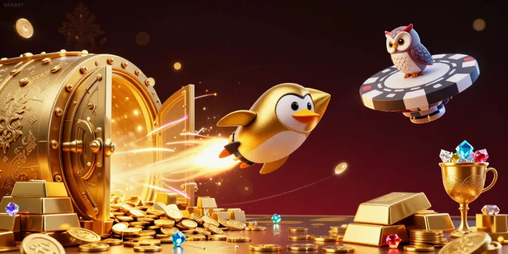 Experience thrilling action with UFABET as a golden penguin navigates a vibrant casino universe.