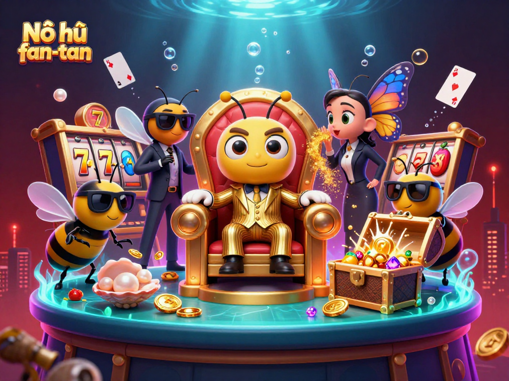 Nổ hũ fan-tan showcases an energetic casino scene with a bumblebee mob boss, slot reels, and gold coins.