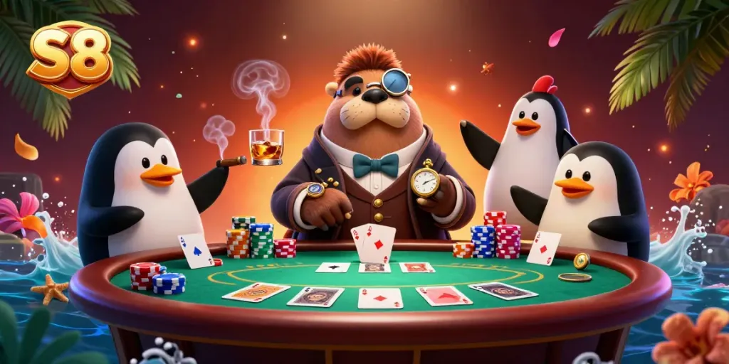 Engage with the S8 underwater poker game featuring a walrus, penguin, and pufferfish players.
