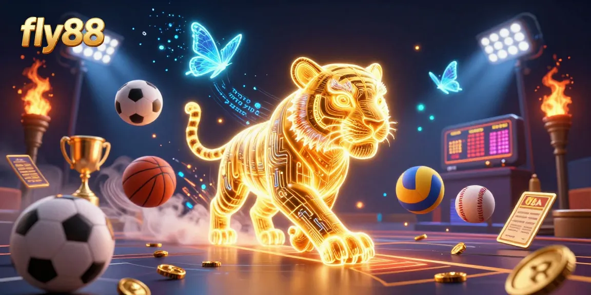 Experience the excitement of fly88 with a glowing golden tiger in a dynamic digital casino landscape.