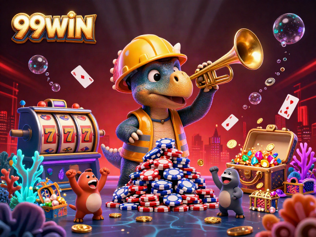 Engage with the vibrant energy of 99WIN as a triceratops builds a poker chip pyramid in a lively 3D casino scene.