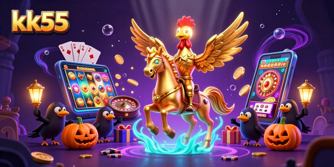 Engage in thrilling gameplay with kk55's golden rooster, offering vibrant slot games amidst glowing neon lights.