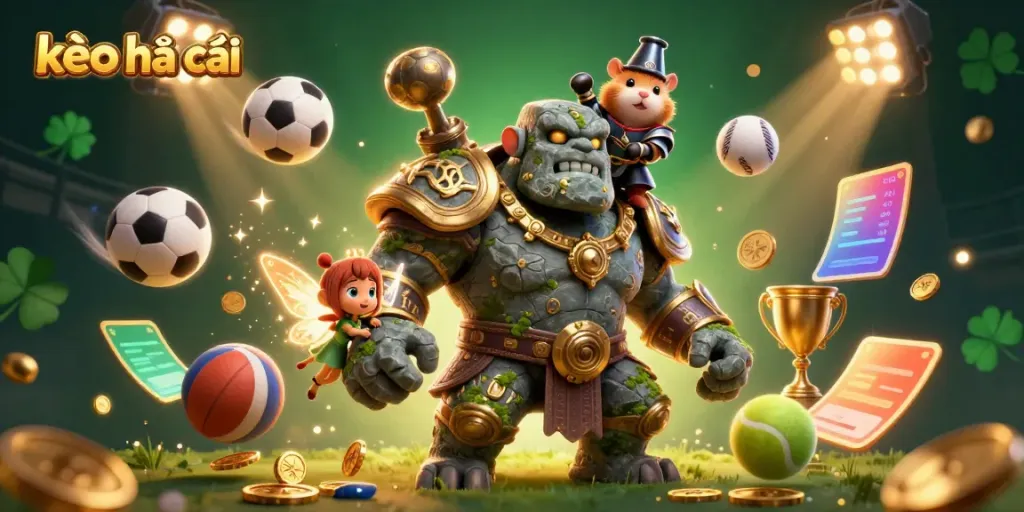 Bet on kèo nhà cái with a dynamic illustration of sports-themed characters in a lively casino atmosphere.