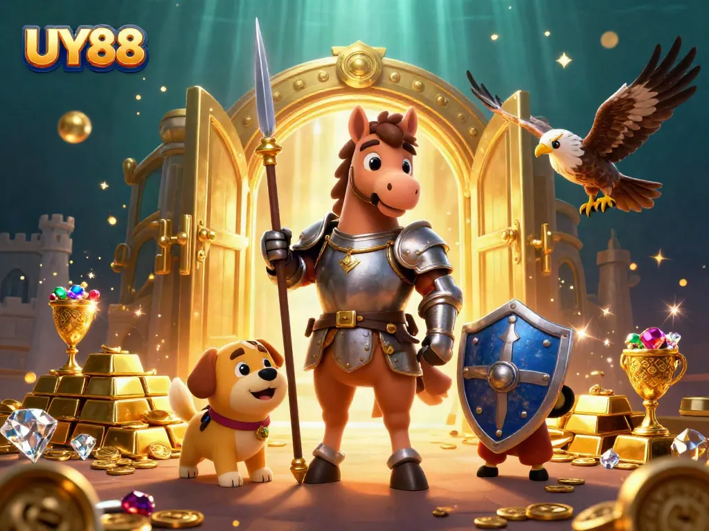 Experience thrilling wins at UY88, featuring knights and treasures in a vibrant casino scene.