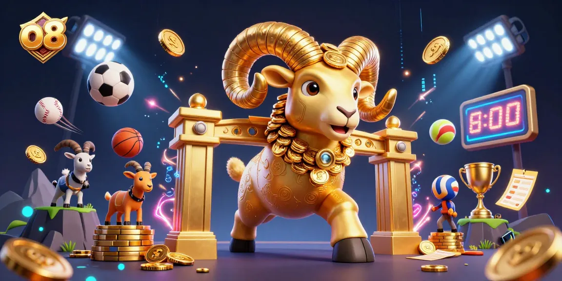 o8 sports betting excitement embodied by a golden ram charging amid dynamic casino elements.