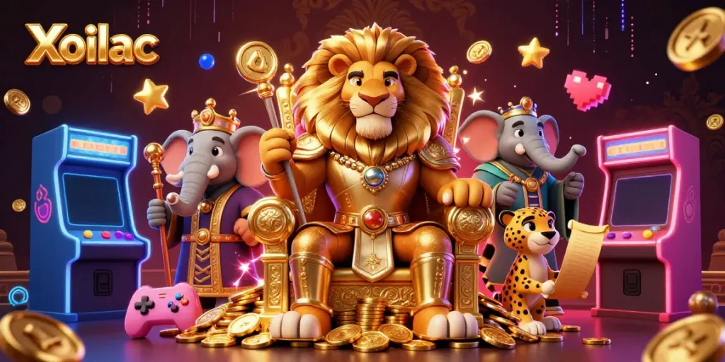 Xoilac engaging scene with a lion king, elephant advisor, and cheetah messenger amidst dynamic gold casino elements.