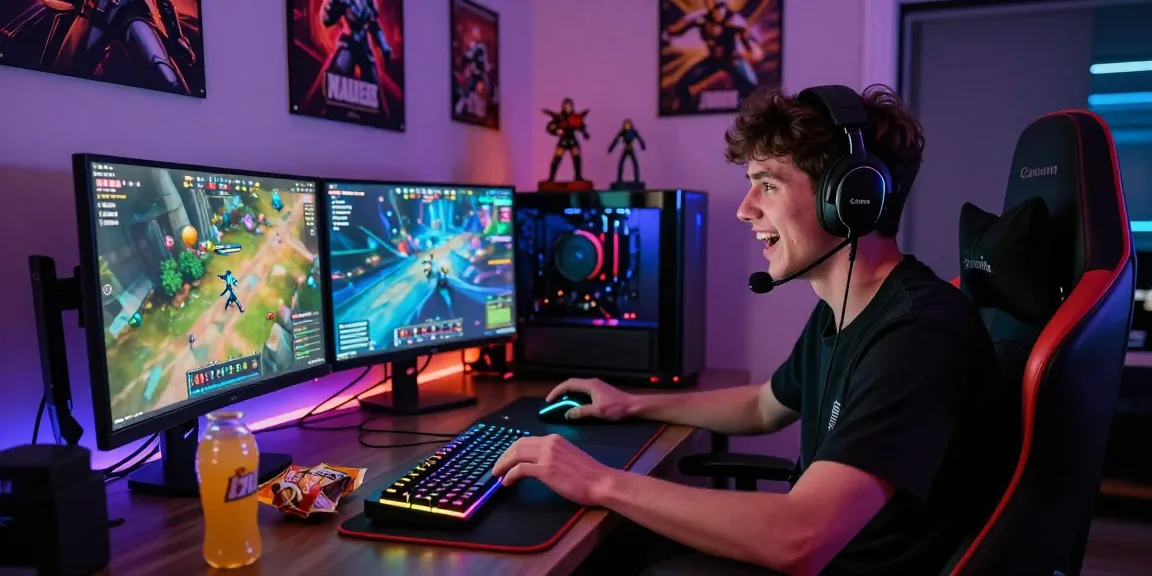 Gamer antusias bermain boswin88 di ruang permainan modern dengan peralatan canggih.