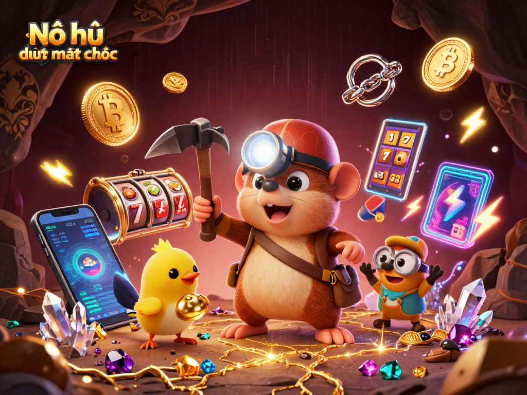 Nổ hũ đường mạt chược showcases the thrilling world of online gaming with vibrant 3D cartoon characters and casino elements.