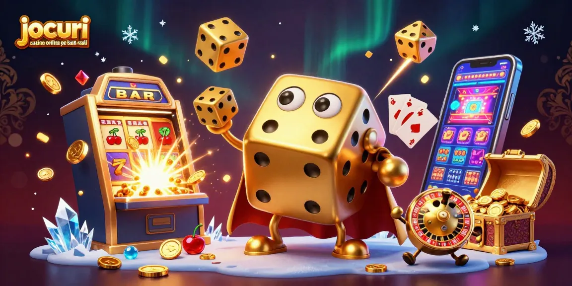 Jocuri casino online pe bani reali: ilustrație 3D dinamică cu păcănele și simboluri de câștig.