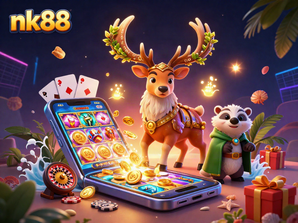 Experience the thrilling action of nk88 with a vibrant 3D casino scene filled with games and excitement.