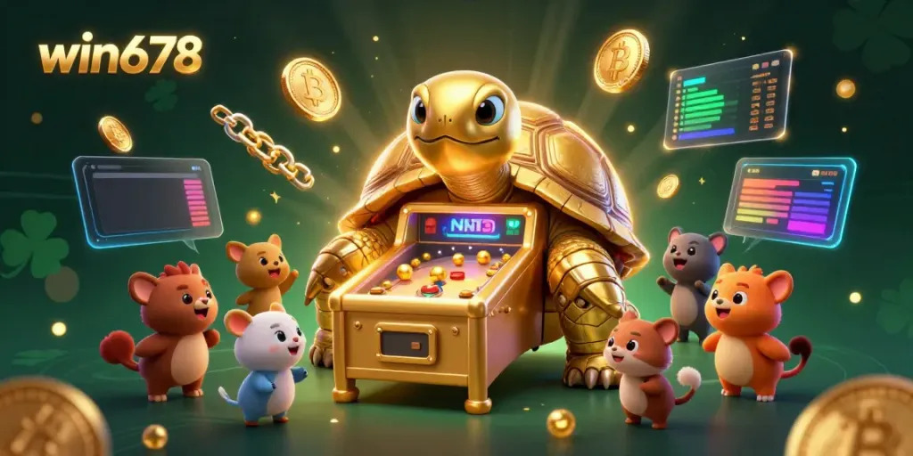 Experience win678 at a vibrant casino scene with animated characters and cryptocurrency elements.