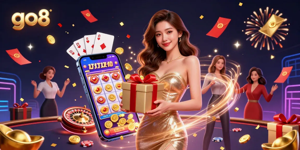Engage with go8's vibrant casino experience featuring a stunning model, gold coins, and festive elements.
