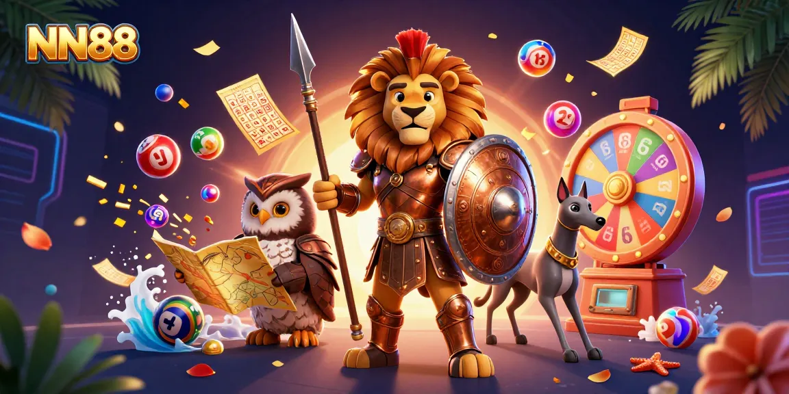 Engage in thrilling lottery action with NN88 amidst dynamic game elements, colorful balls, and vibrant prizes.