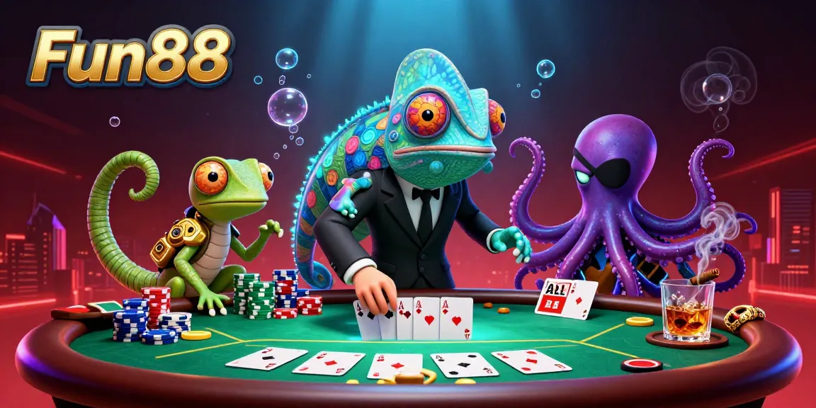 Engage with Fun88’s vibrant poker scene featuring a secret agent chameleon, a gadget-savvy gecko, and a villainous octopus.