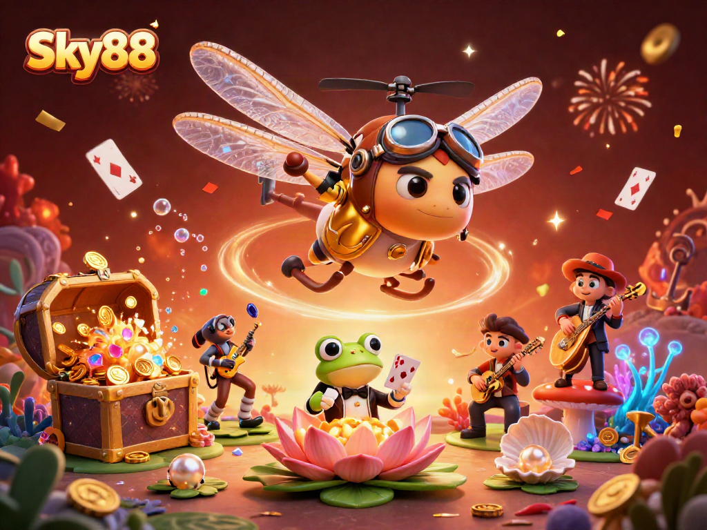 Experience Sky88's vibrant gaming world featuring a dragonfly pilot, frog dealer, and dynamic casino elements.