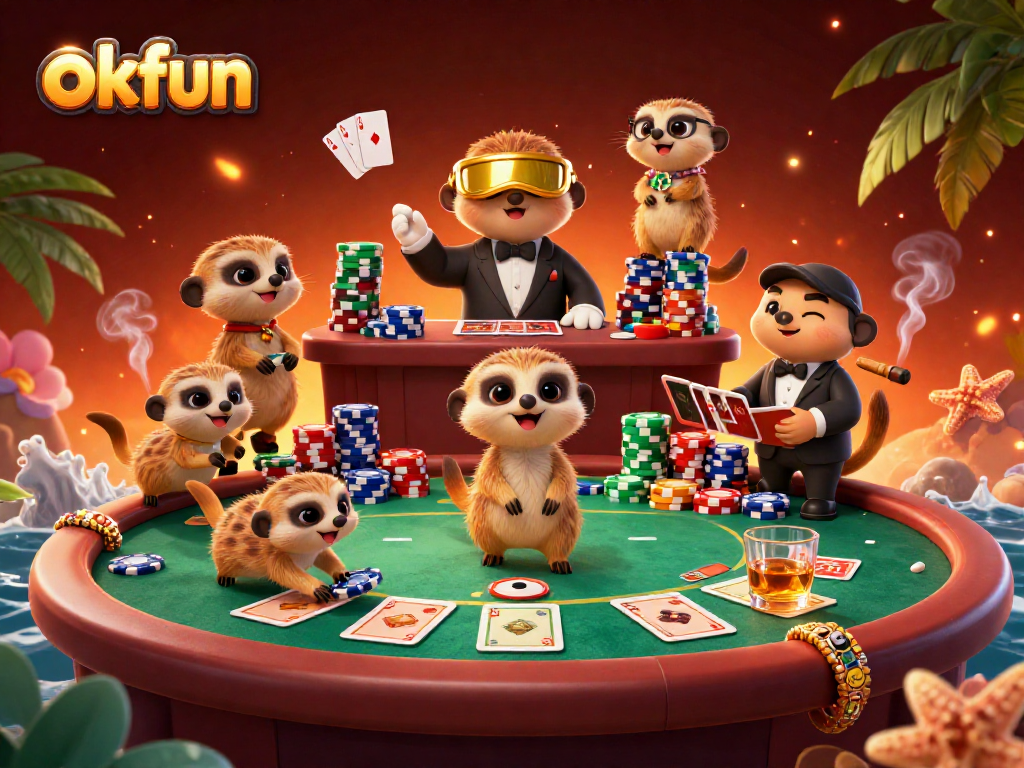 Experience thrilling poker action at okfun with meerkats illustrating casino operations in vibrant 3D.