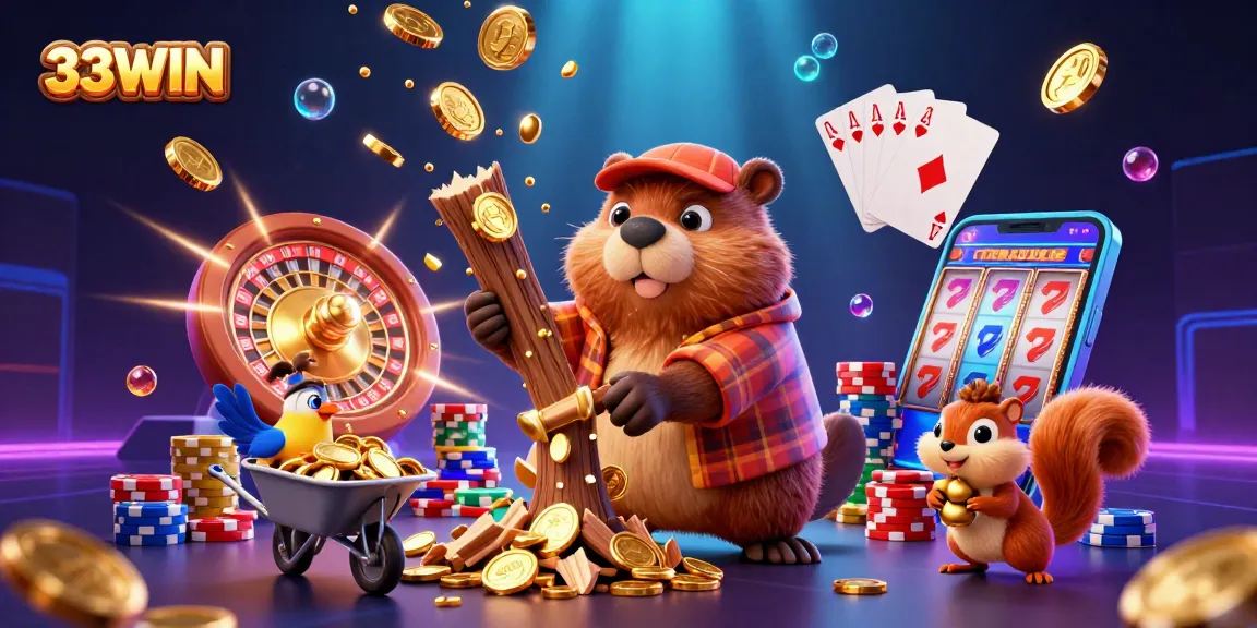 33WIN features a vibrant 3D cartoon beaver and friends collecting golden coins in a dynamic casino scene, showcasing fun gameplay.