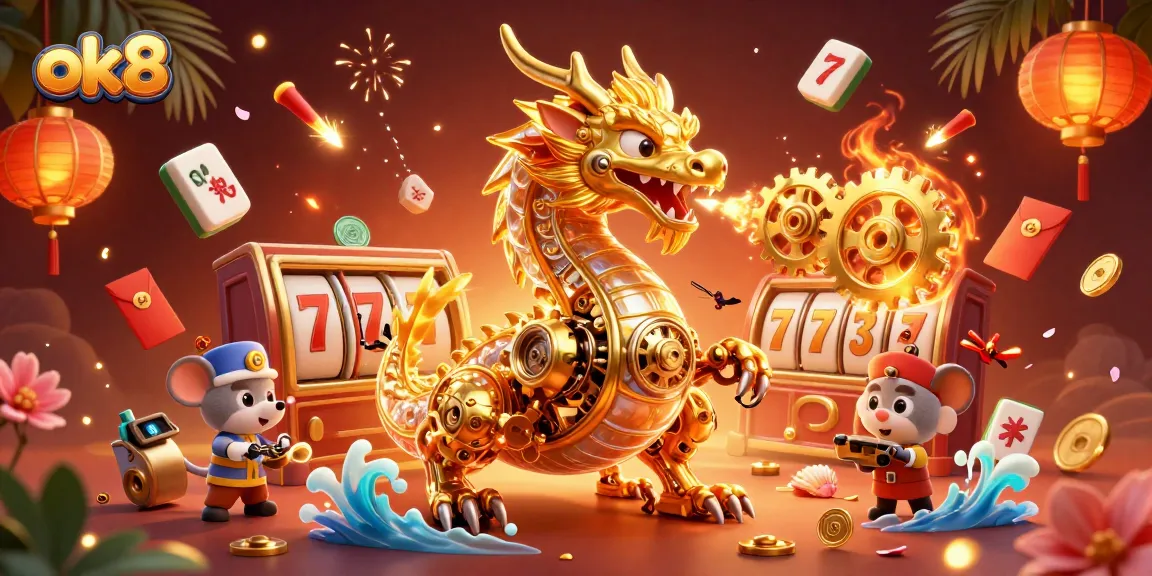 Engage with ok8's electrifying casino experience featuring a golden dragon and vibrant slot elements.