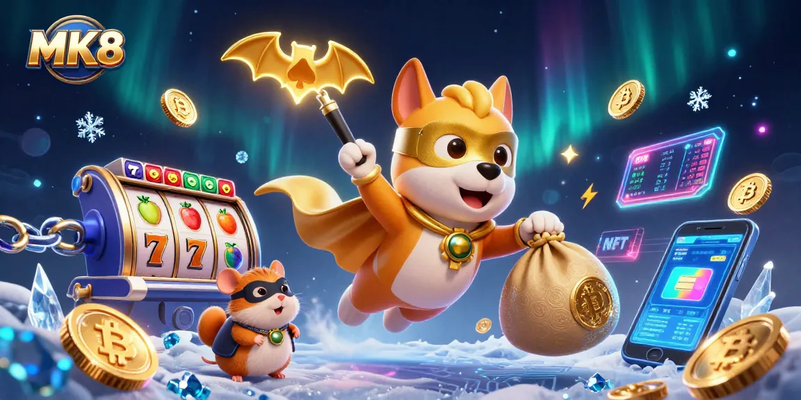 Win big with MK8 in this vibrant casino-themed 3D illustration showcasing gaming excitement.