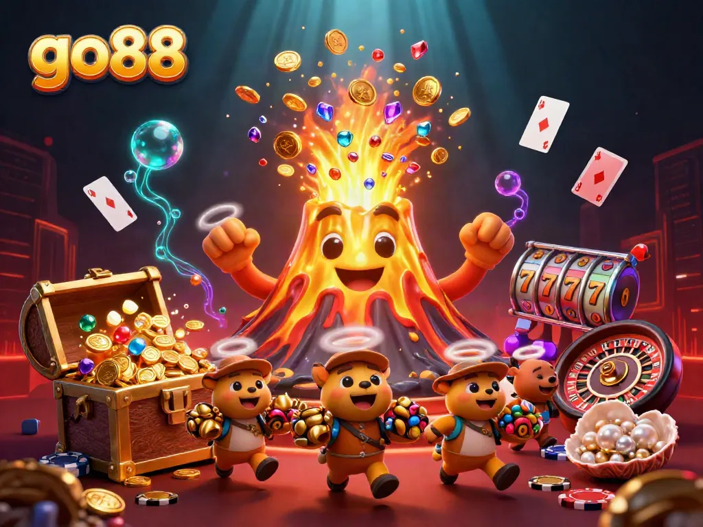 Go88 casino illustration depicting a golden volcano of coins amidst vibrant gaming elements, creating excitement.