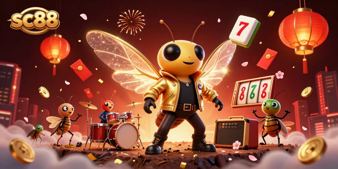 Experience thrilling gameplay with sc88 featuring a vibrant 3D illustration of a rock star cicada in a casino scene.