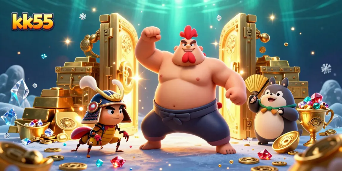 Engage with the exciting world of kk55 as a powerful sumo wrestler rooster battles amidst treasure in a dynamic casino scene.