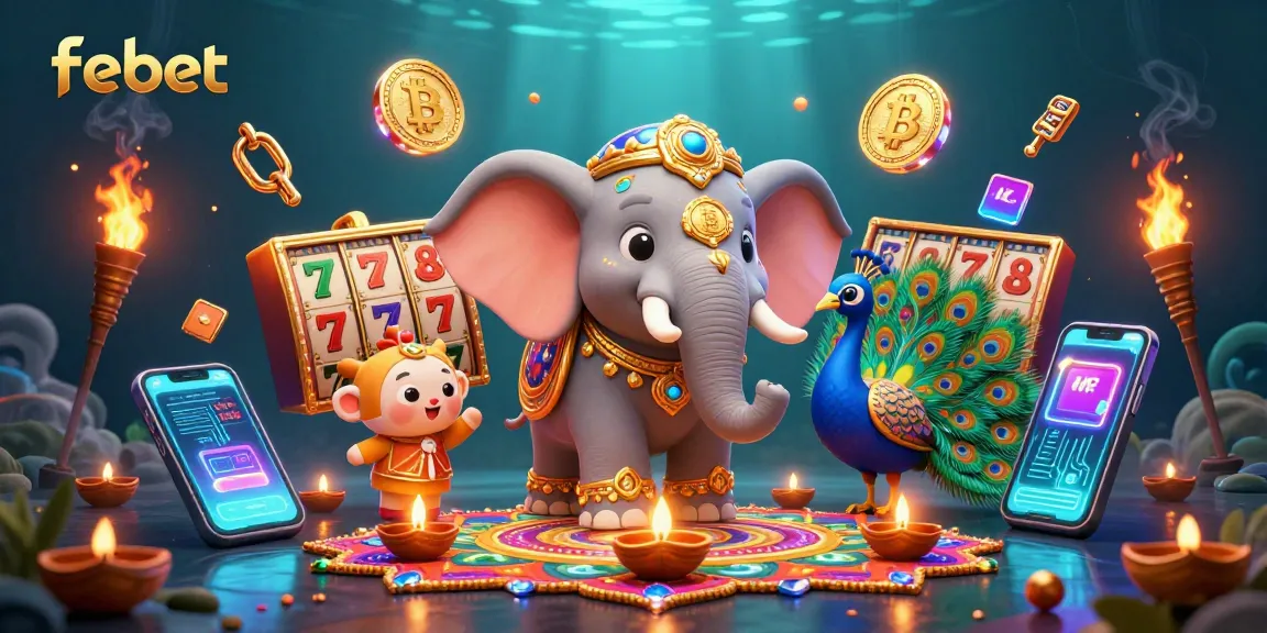 Experience the excitement of febet with a flamboyant casino scene featuring vibrant symbols and crypto coins.