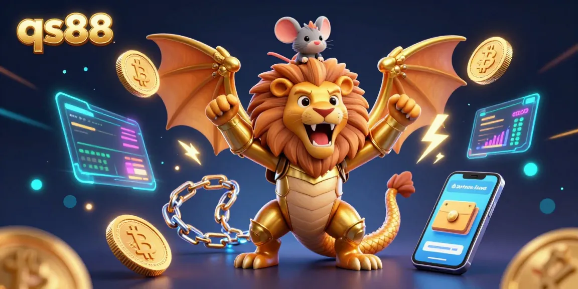 Experience the thrilling adventures at qs88 with a mystical chimera and crypto coins in a vibrant casino atmosphere.
