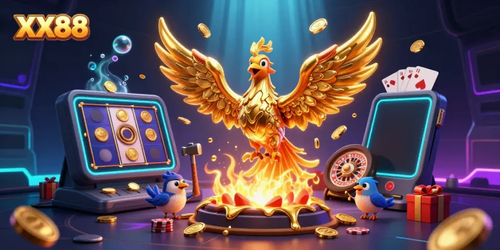 Experience the thrill of XX88 casino games with a golden phoenix emerging amidst vibrant gaming elements.