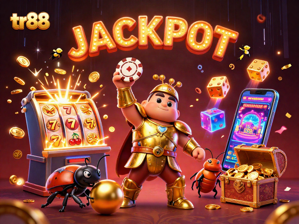 Experience thrilling gameplay at tr88 with a vibrant scene showcasing a heroic beetle celebrating a jackpot win.