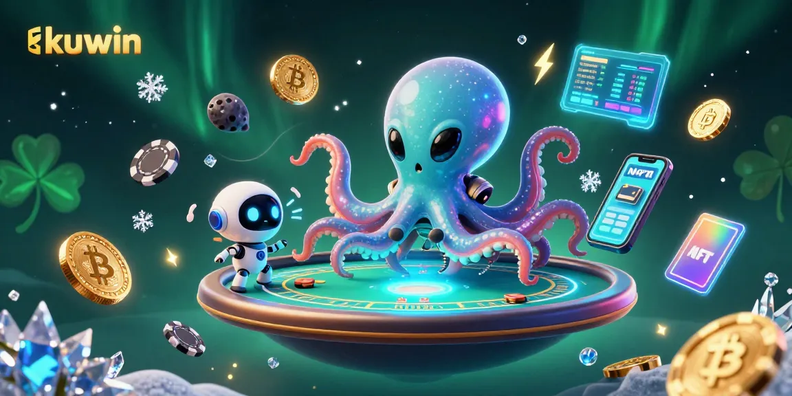 Kuwin's exciting casino scene where an alien octopus engages in holographic poker amidst Bitcoin and Ethereum coins.