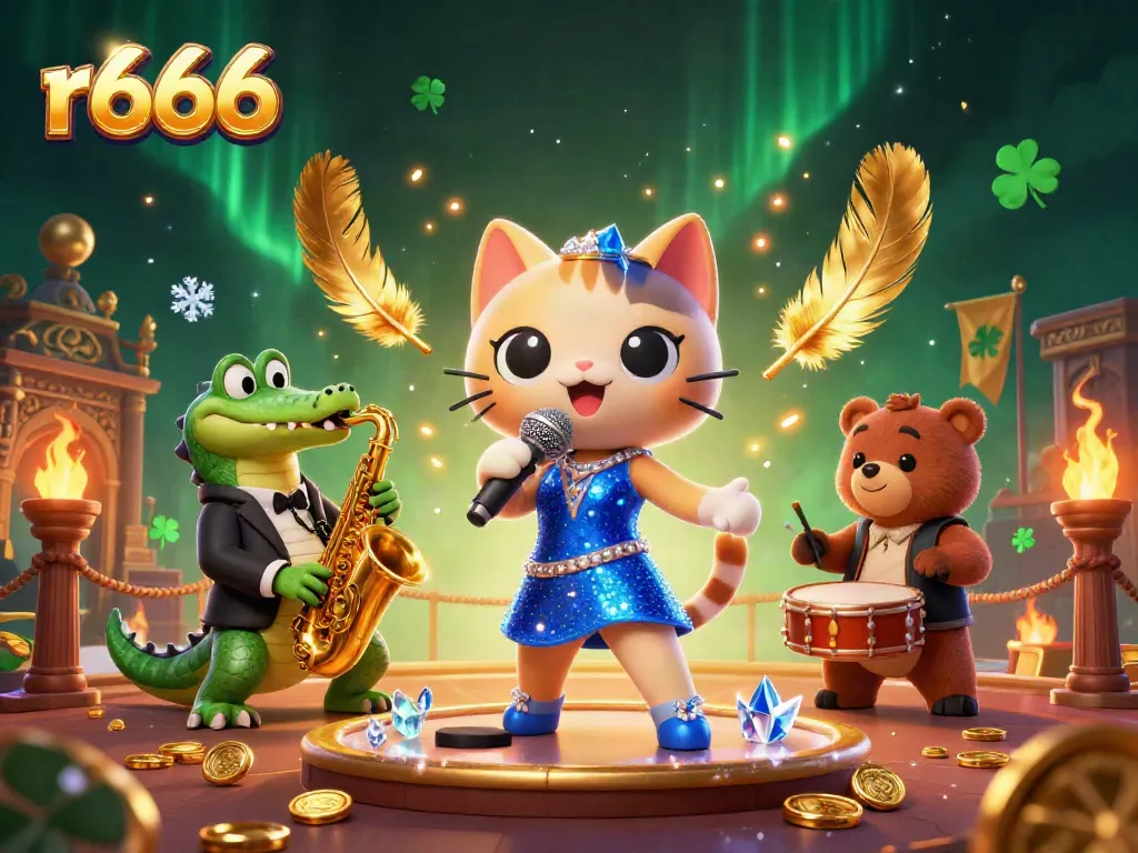 Join the fun with r666 as the jazz-singer cat, saxophone crocodile, and drum bear perform in a vibrant casino.