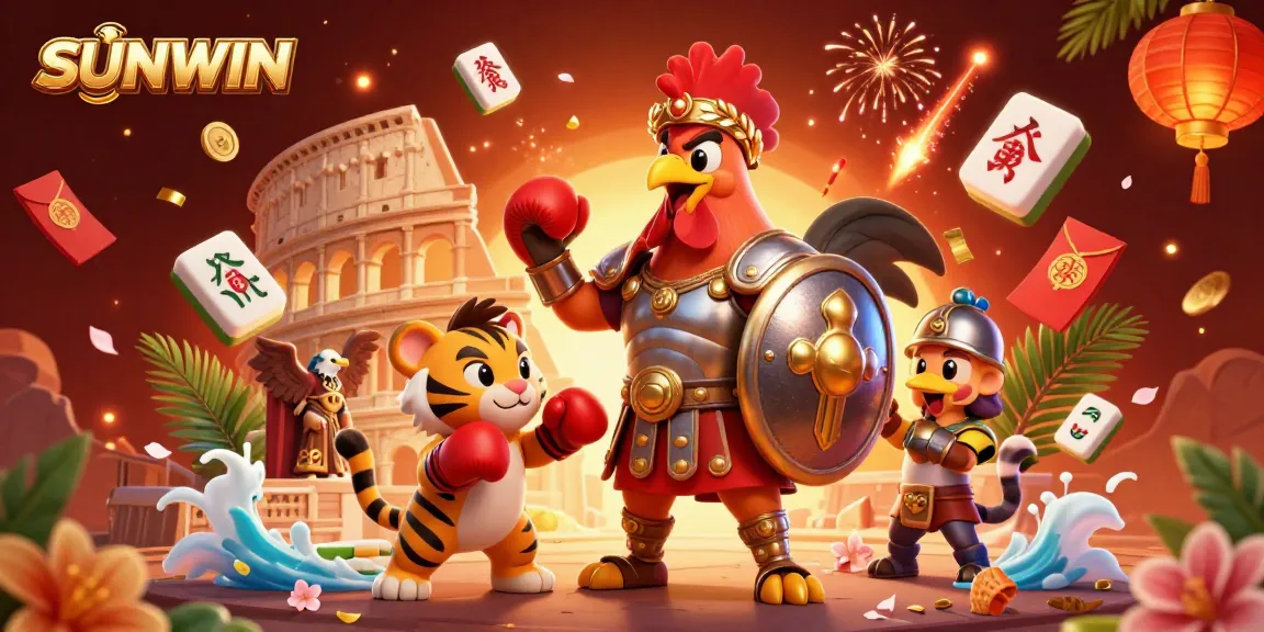 SUNWIN showcases an exciting casino scene with a gladiator rooster, tiger cub, and eagle, surrounded by shimmering game elements.