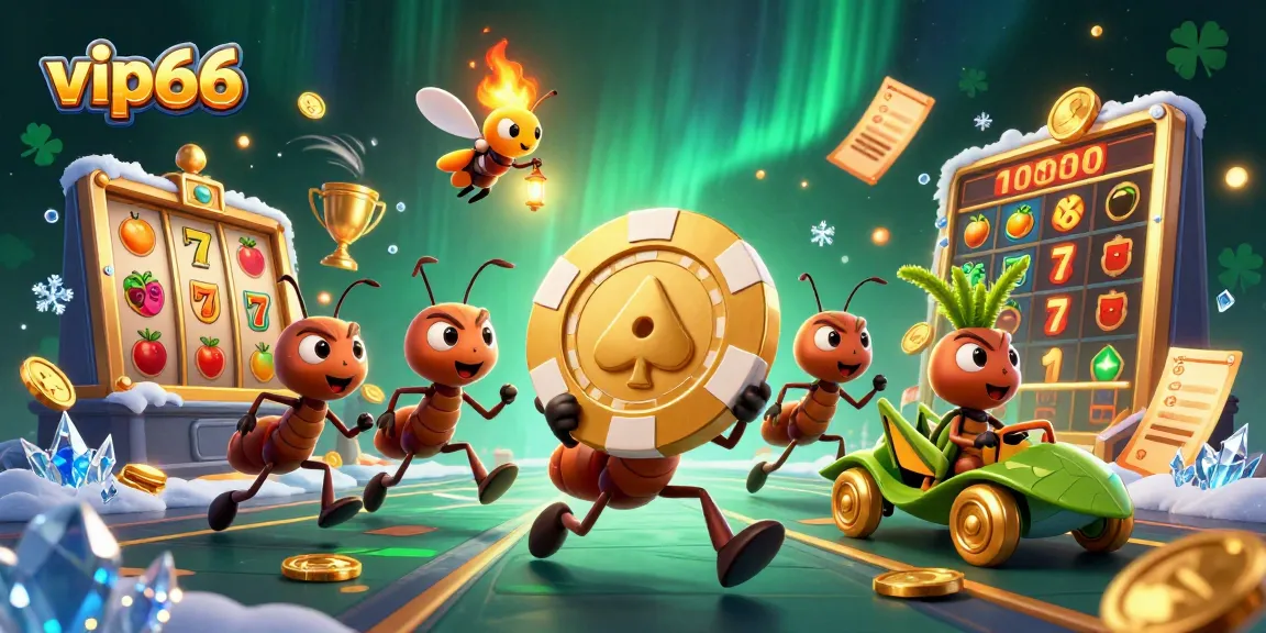 Join the thrilling vip66 heist with ants capturing a massive golden poker chip in an exciting casino adventure.