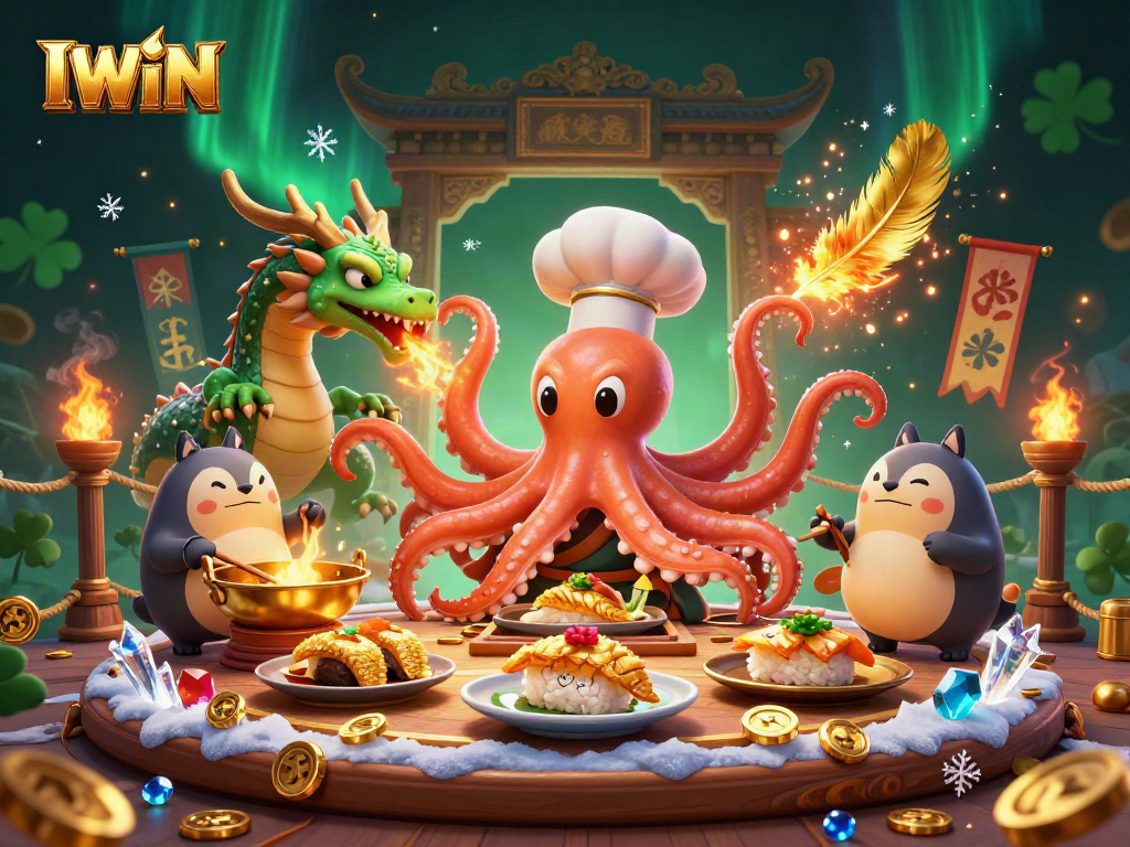 IWIN casino-themed illustration showcasing a cartoon octopus chef, dragon, and tanuki with dynamic gaming elements.