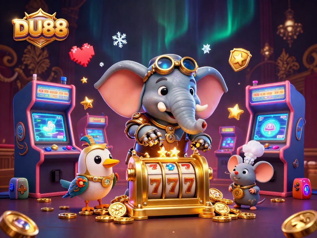 Spin the DU88 slot machine with a steampunk elephant engineer in a vibrant casino scene.