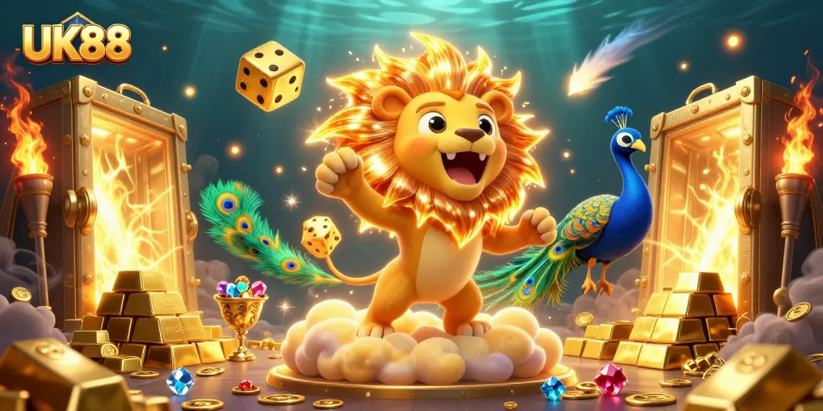Experience the thrill of UK88 with captivating visuals of a roaring sun lion amidst golden treasures.